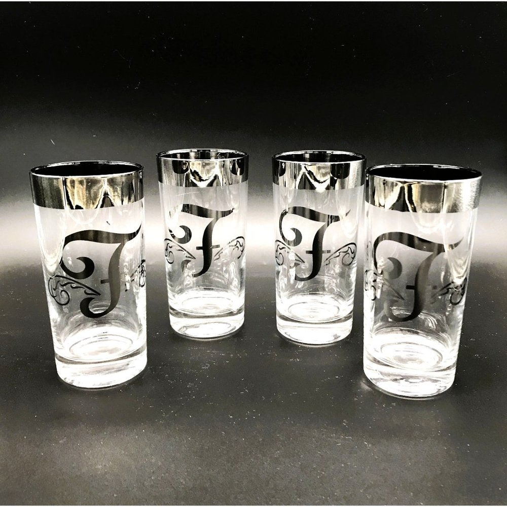 Thorpe Style Silver Band Glasses Monogram Initial F Glastonbury-Lotus Set (4)